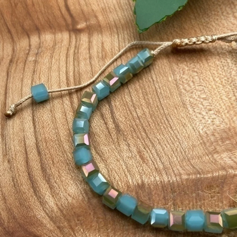 Cubic Boho Bracelet Iridescent Light Blue Tan‎ Crystal Beaded Adjustable Length